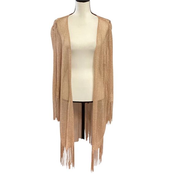 S.L. Fashions Women's Gold Metallic Crochet Fringe Hem Cover-up Kimono Large - Picture 1 of 7